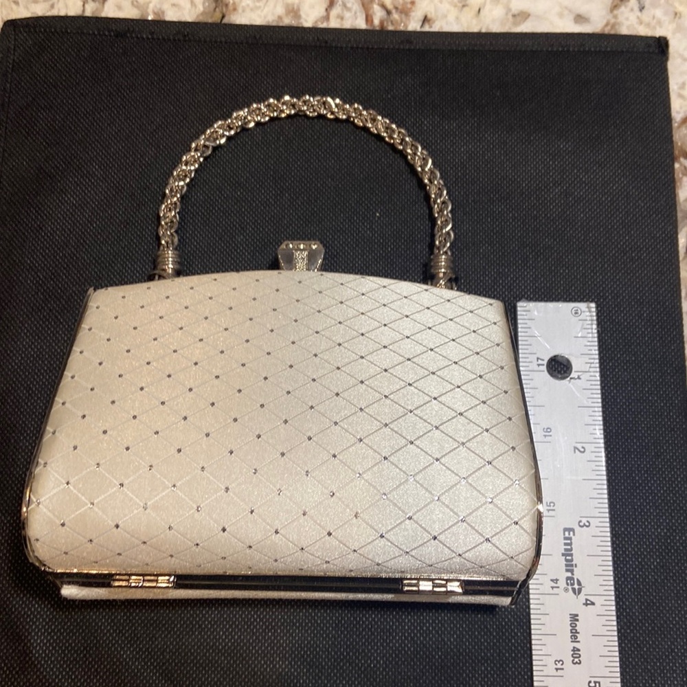 Vintage Glam Evening Bag Ivory Rhinestone Clutch Top Handle Bridal Prom - Picture 4 of 12
